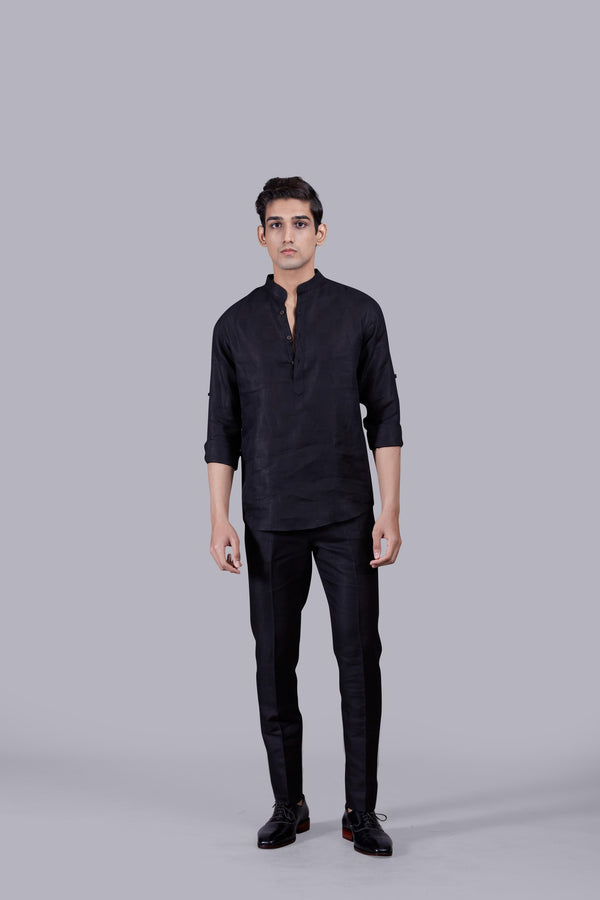 b more BLACK LINEN SELF CHECKED LINEN KURTA SET