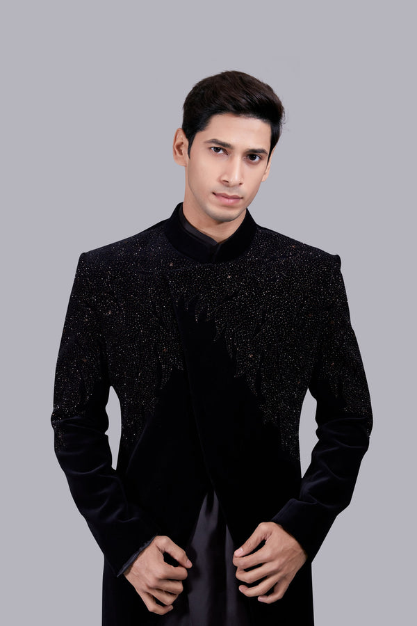 B More BLACK SATIN SILK PEARL WORK INDO WESTERN