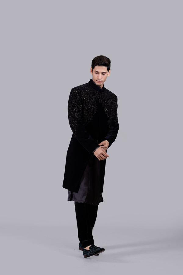 B More BLACK SATIN SILK PEARL WORK INDO WESTERN