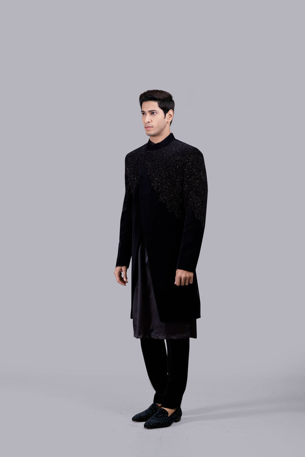 B More BLACK SATIN SILK PEARL WORK INDO WESTERN