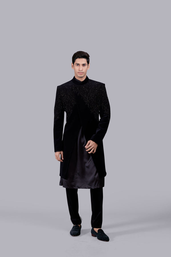 b more BLACK SATIN SILK PEARL WORK INDO WESTERN