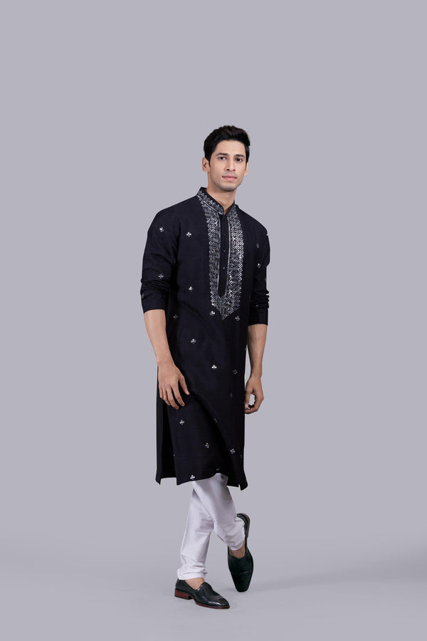 b more BLACK SILK THREAD WORK KURTA SET