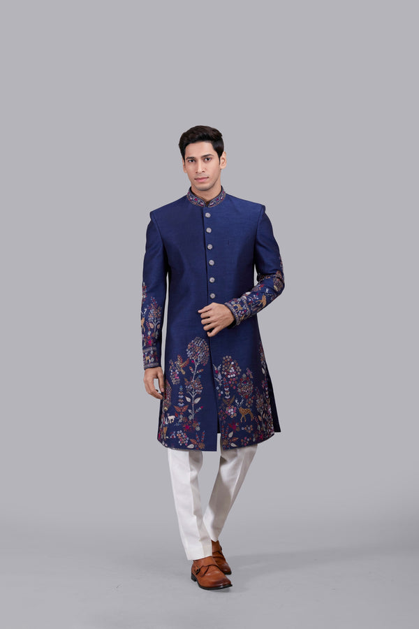 b more BLUE BHAGALPURI SILK INDOWESTERN