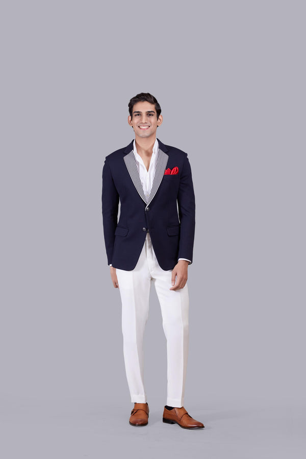 b more BLUE KNITTED LYCRA PLAIN BLAZER