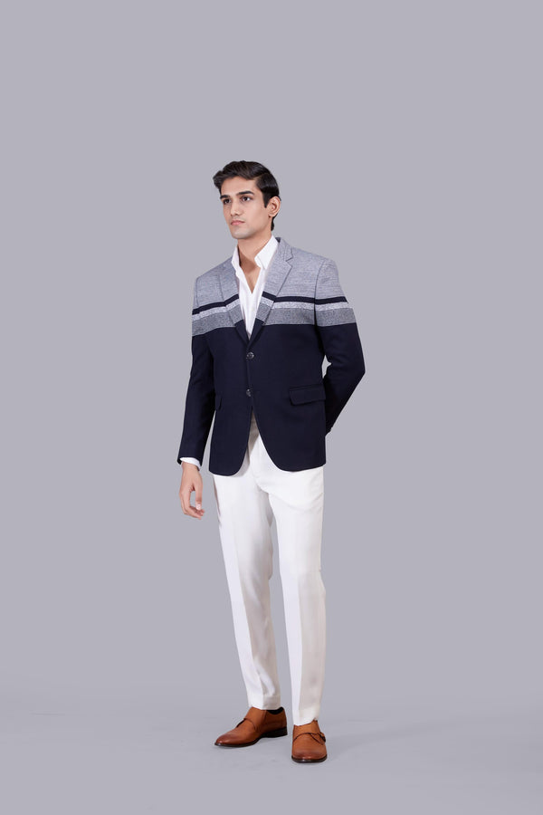 B More BLUE KNITTED LYCRA PRINTED BLAZER