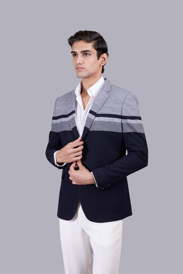 B More BLUE KNITTED LYCRA PRINTED BLAZER