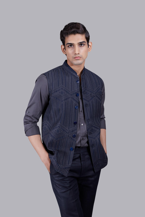 B More BLUE TR - COTTON EMBROIDERY WORK NEHRU JACKET