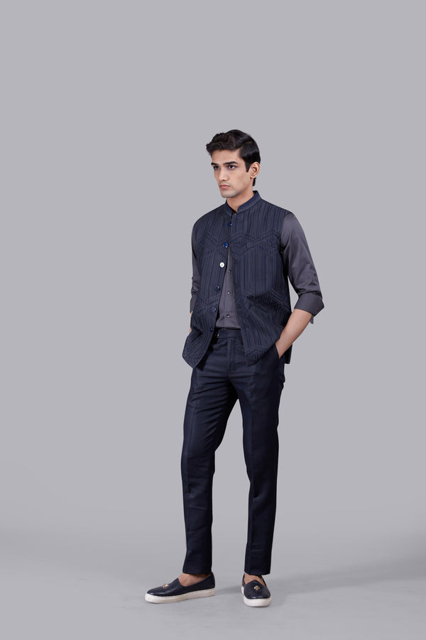 B More BLUE TR - COTTON EMBROIDERY WORK NEHRU JACKET