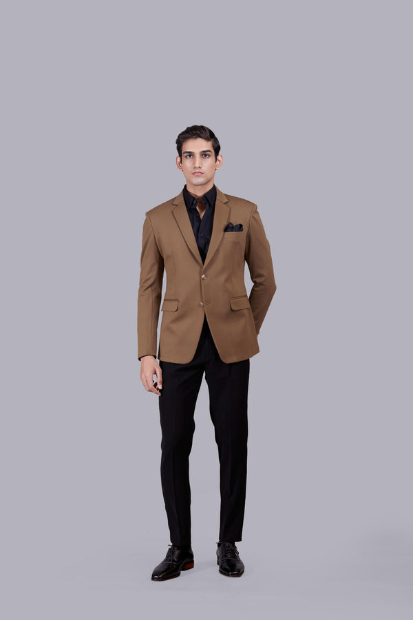 b more BROWN KNITTED LYCRA PLAIN BLAZER