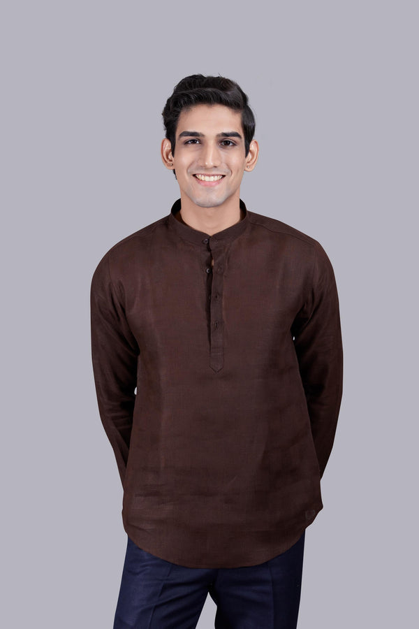 B More BROWN LINEN SELF CHECKED LINEN KURTA SET