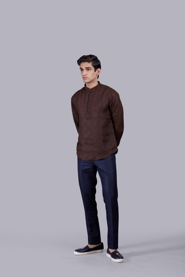 B More BROWN LINEN SELF CHECKED LINEN KURTA SET