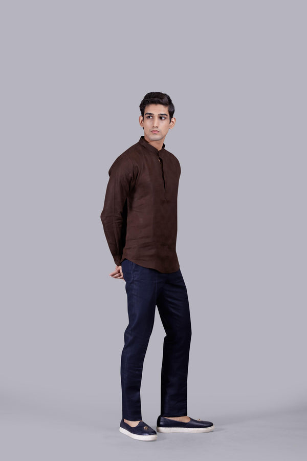 B More BROWN LINEN SELF CHECKED LINEN KURTA SET