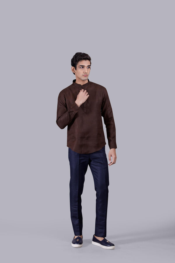 b more BROWN LINEN SELF CHECKED LINEN KURTA SET