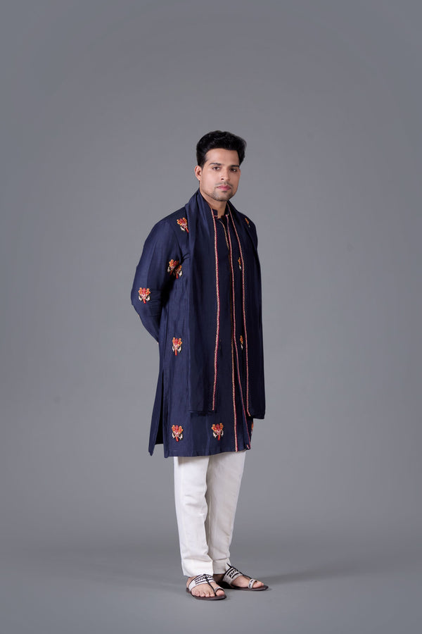 B More Celestial Navy Linen Silk Kurta Set