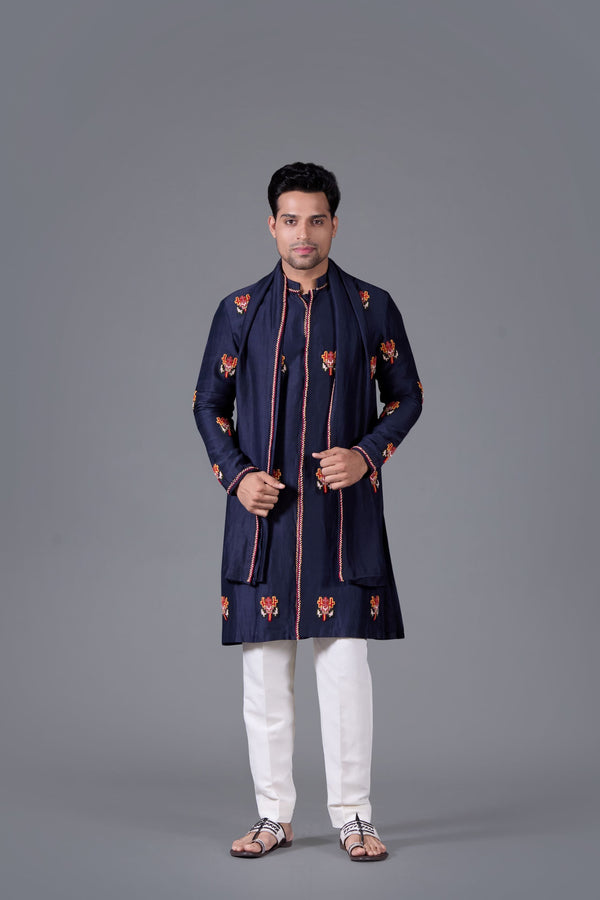 b more Celestial Navy Linen Silk Kurta Set
