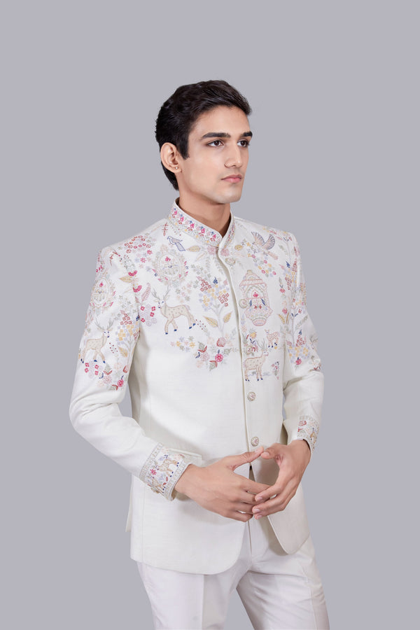 B More CREAM BHAGALPURI SILK THREAD WORK JODHPURI