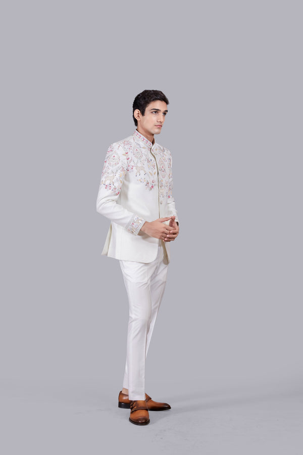 B More CREAM BHAGALPURI SILK THREAD WORK JODHPURI