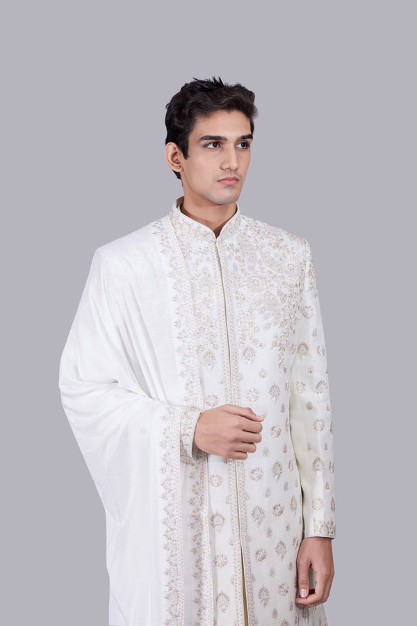 B More CREAM BHAGALPURI SILK ZARDOSI WORK SHERWANI