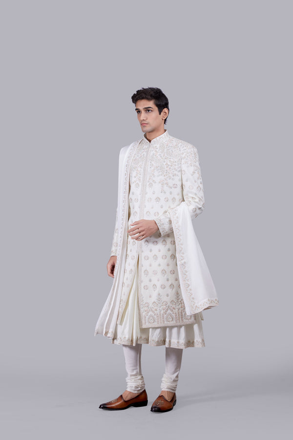 B More CREAM BHAGALPURI SILK ZARDOSI WORK SHERWANI