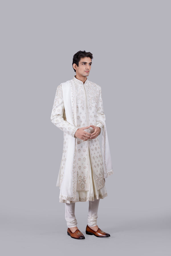 B More CREAM BHAGALPURI SILK ZARDOSI WORK SHERWANI