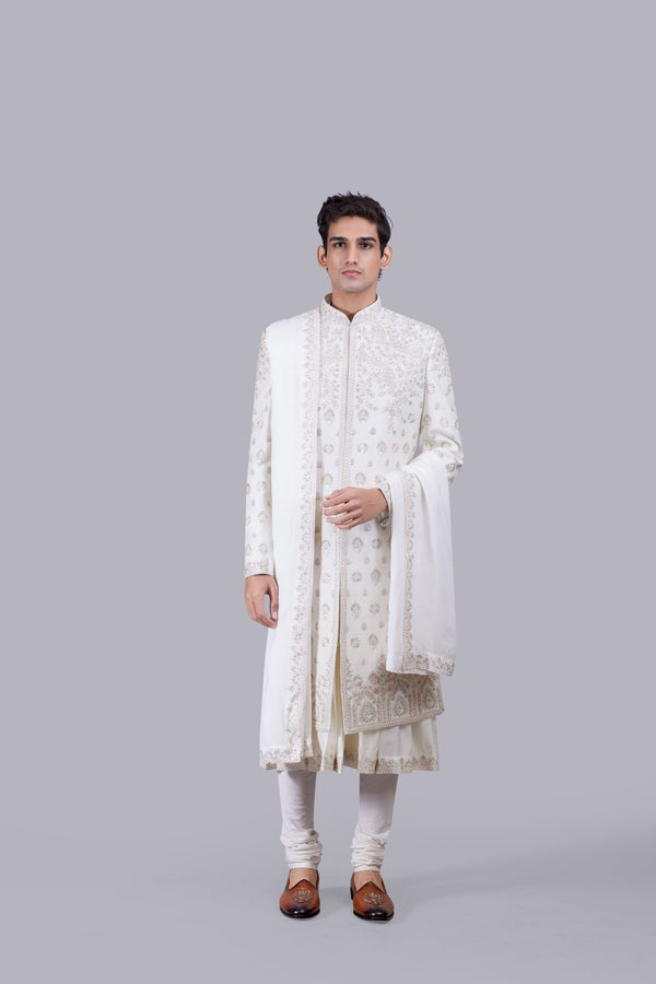 b more CREAM BHAGALPURI SILK ZARDOSI WORK SHERWANI