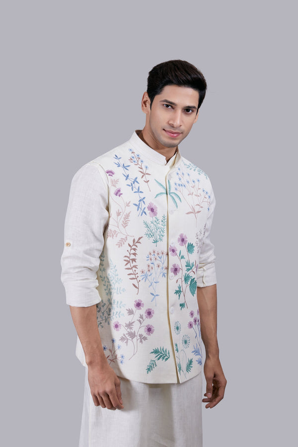 B More CREAM LINEN EMBROIDERY WORK BUNDI SET