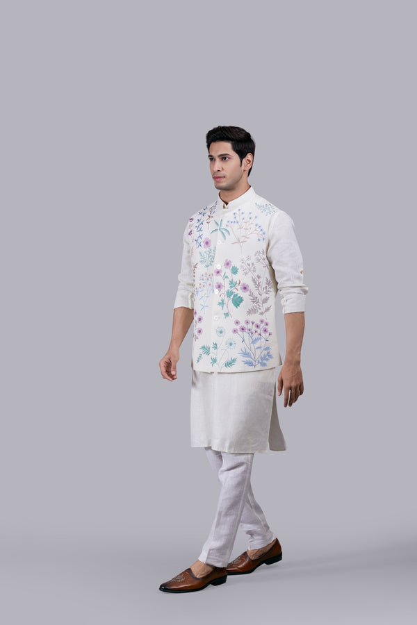 B More CREAM LINEN EMBROIDERY WORK BUNDI SET