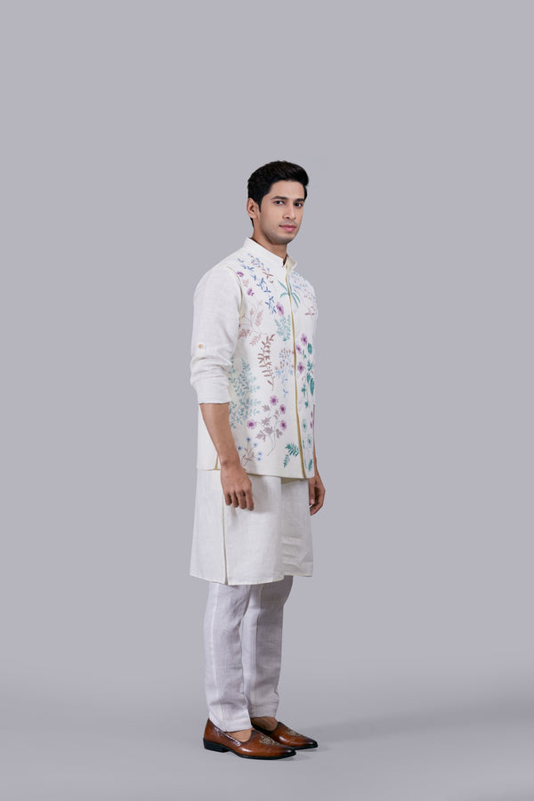 B More CREAM LINEN EMBROIDERY WORK BUNDI SET
