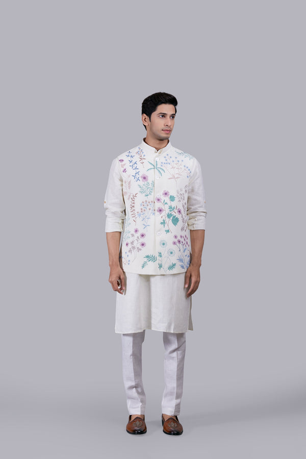 b more CREAM LINEN EMBROIDERY WORK BUNDI SET