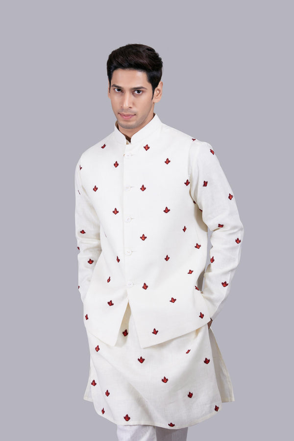 B More CREAM LINEN HAND HAND RESHAM WORK BUNDI SET