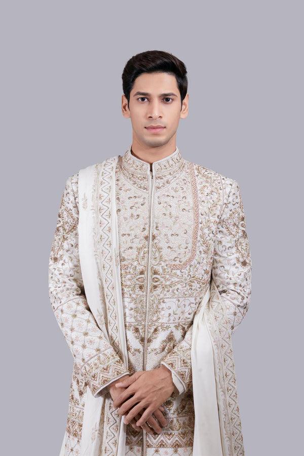 B More CREAM MODAL SILK RESHAM WORK SHERWANI