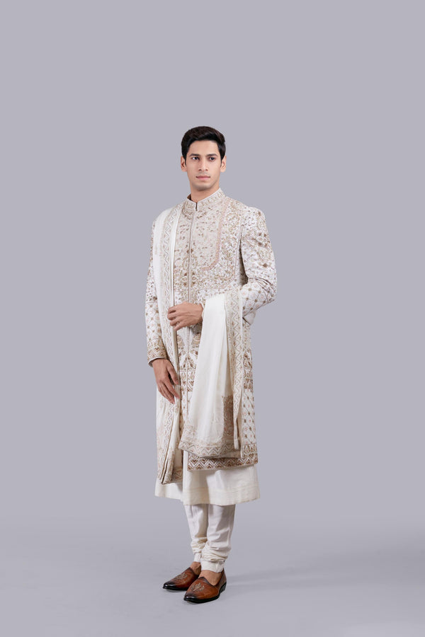 B More CREAM MODAL SILK RESHAM WORK SHERWANI
