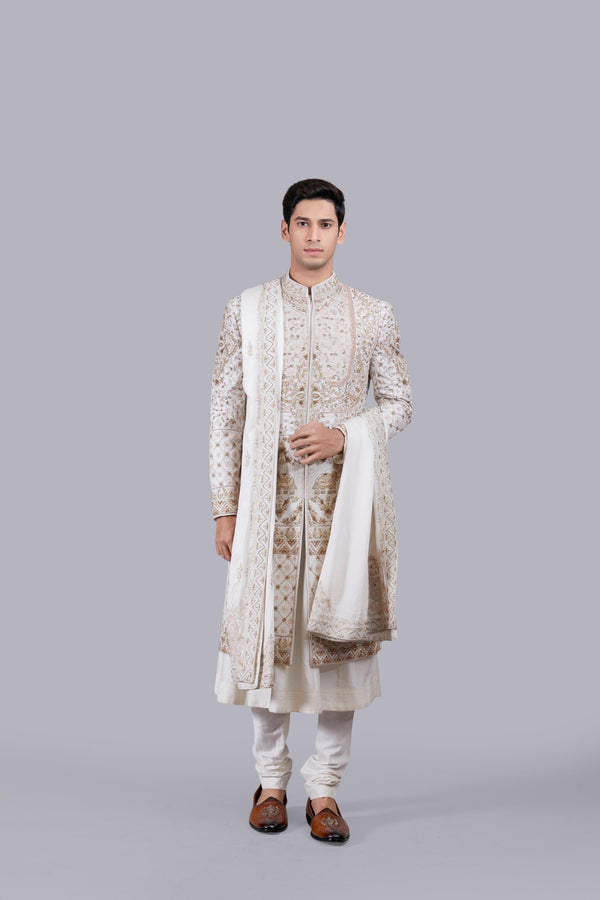 B More CREAM MODAL SILK RESHAM WORK SHERWANI