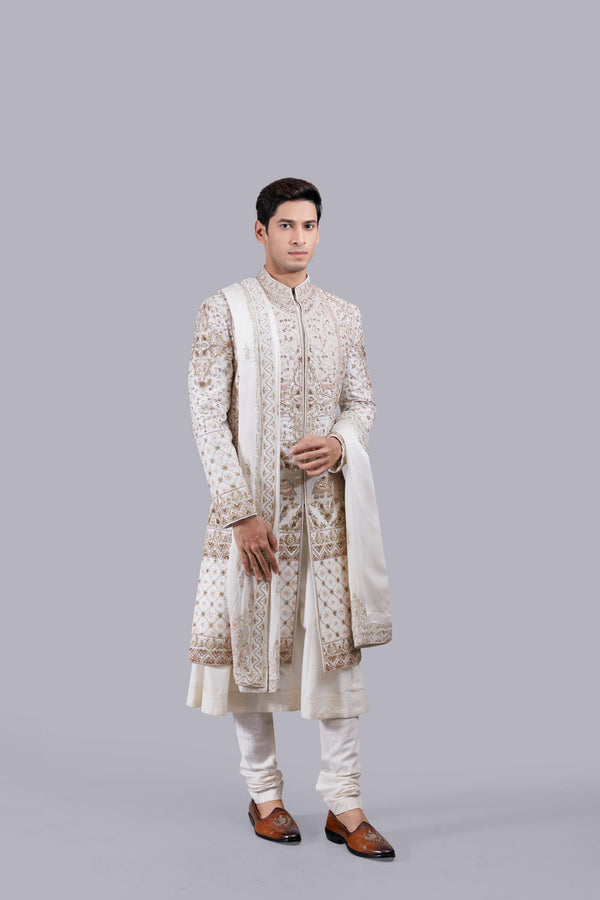 b more CREAM MODAL SILK RESHAM WORK SHERWANI