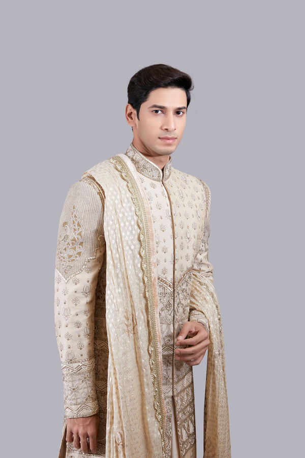 B More CREAM PURE BANARASI SILK HAND WORK SHERWANI