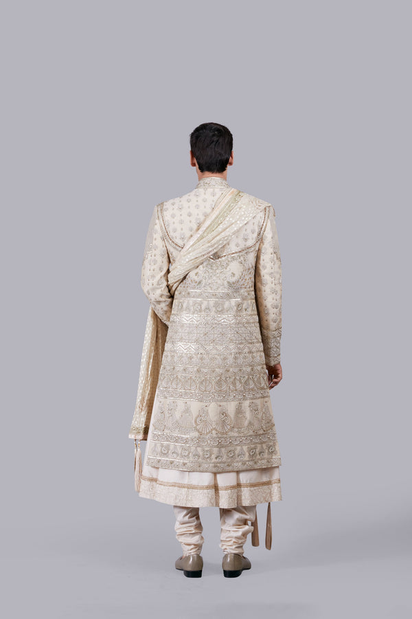 B More CREAM PURE BANARASI SILK HAND WORK SHERWANI