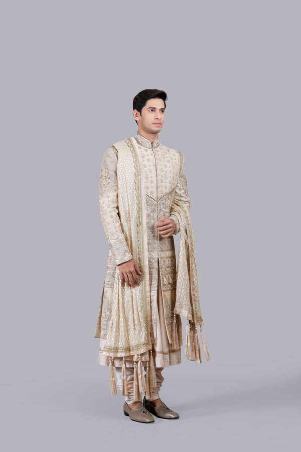 B More CREAM PURE BANARASI SILK HAND WORK SHERWANI