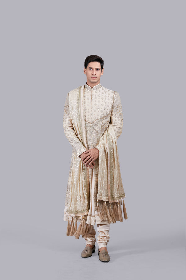 b more CREAM PURE BANARASI SILK HAND WORK SHERWANI