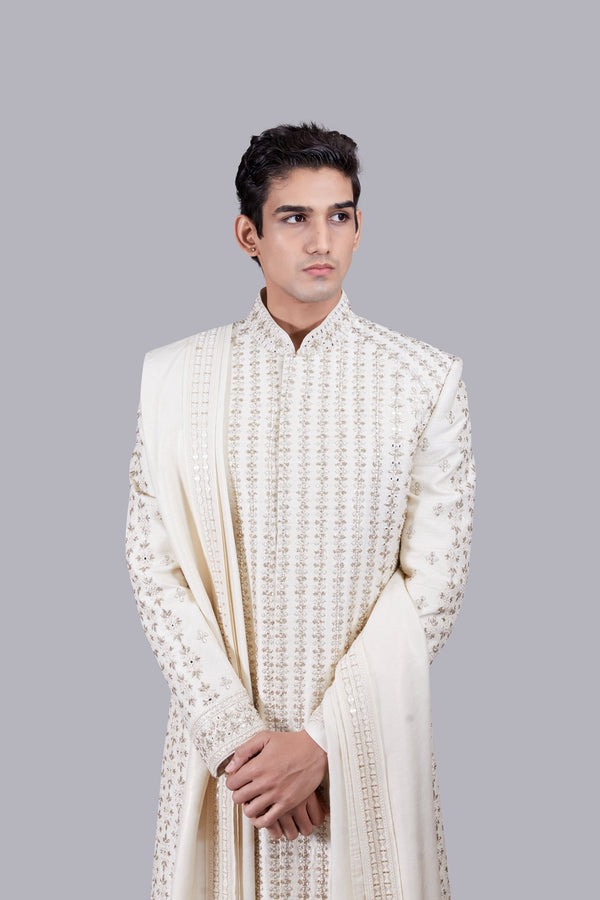 B More CREAM PURE RAW SILK HAND WORK SHERWANI