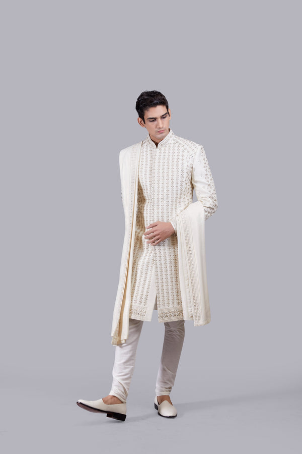 B More CREAM PURE RAW SILK HAND WORK SHERWANI