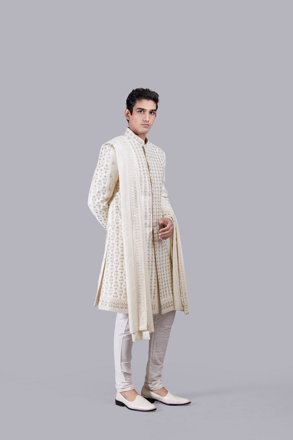 B More CREAM PURE RAW SILK HAND WORK SHERWANI