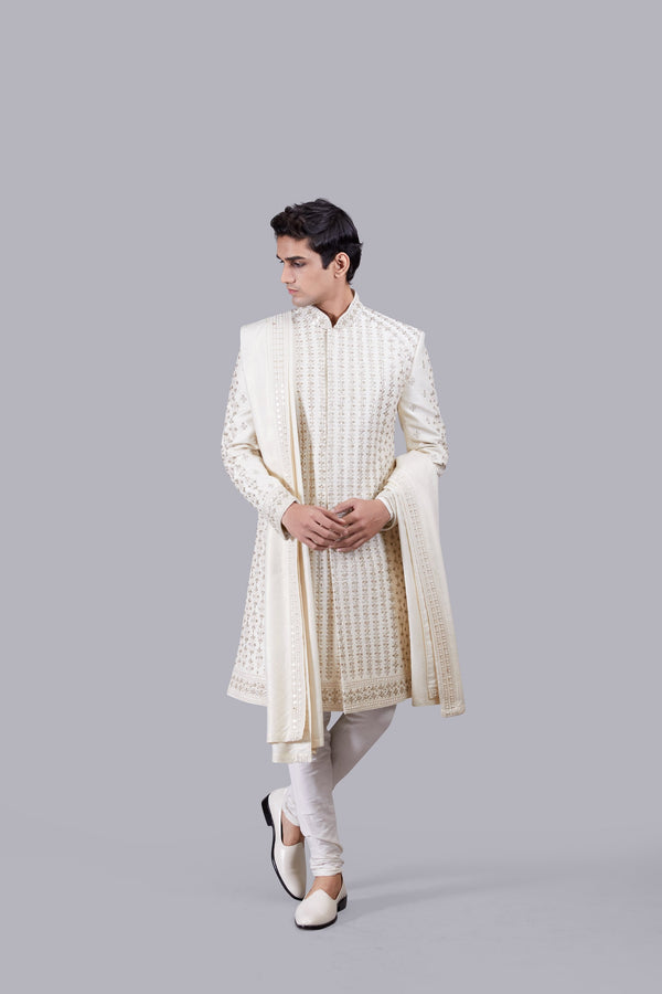 b more CREAM PURE RAW SILK HAND WORK SHERWANI