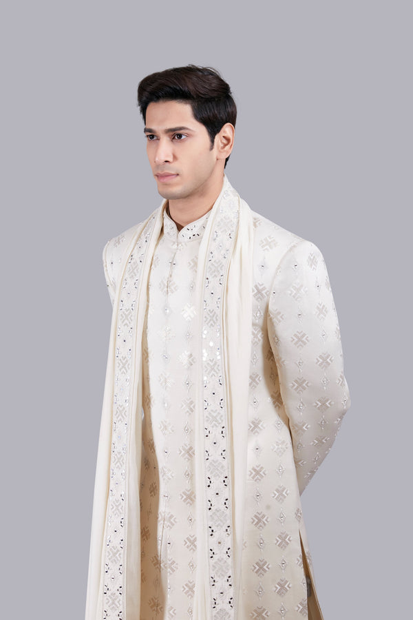 B More CREAM PURE SILK HAND WORK SHERWANI