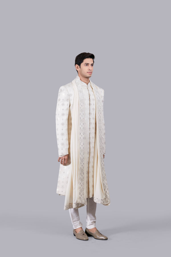 B More CREAM PURE SILK HAND WORK SHERWANI