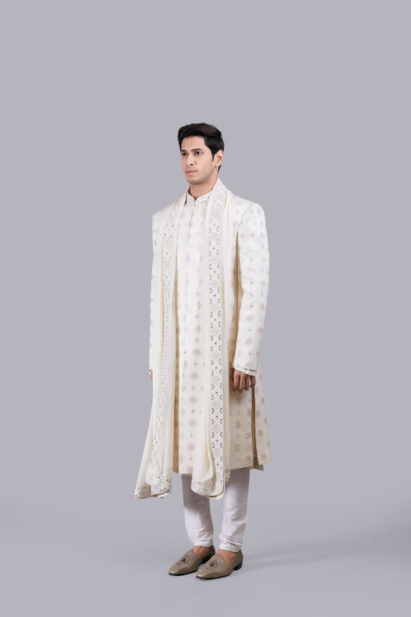 B More CREAM PURE SILK HAND WORK SHERWANI
