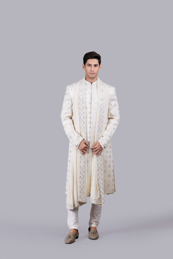 b more CREAM PURE SILK HAND WORK SHERWANI