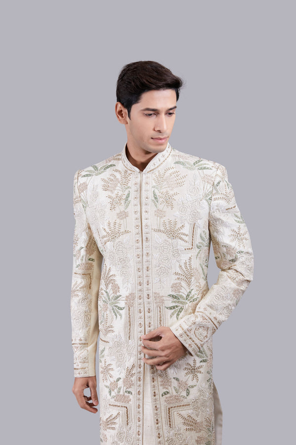 B More CREAM RAW SILK ZARDOSI WORK SHERWANI