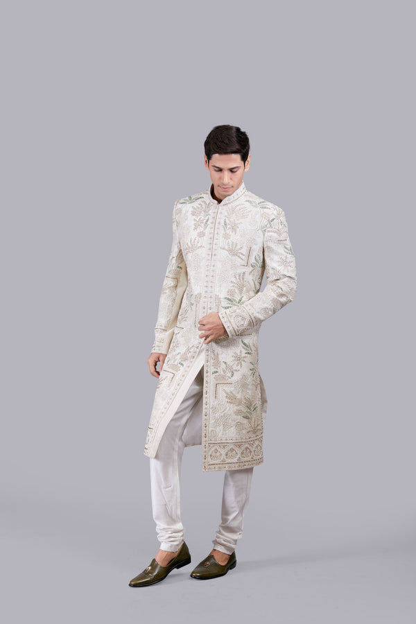B More CREAM RAW SILK ZARDOSI WORK SHERWANI