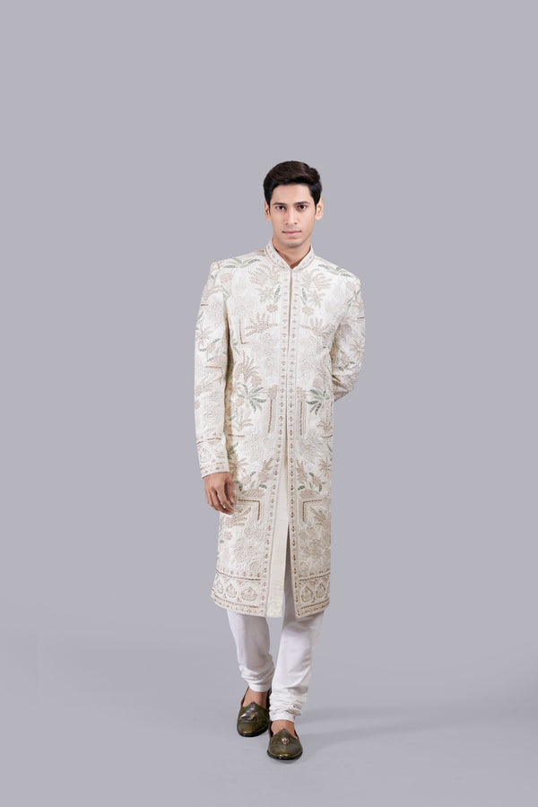 B More CREAM RAW SILK ZARDOSI WORK SHERWANI