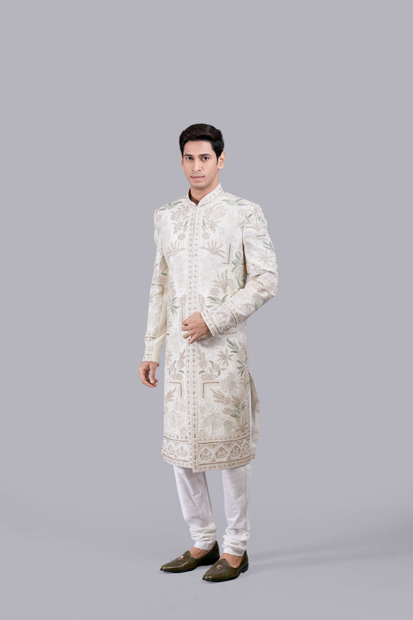 b more CREAM RAW SILK ZARDOSI WORK SHERWANI